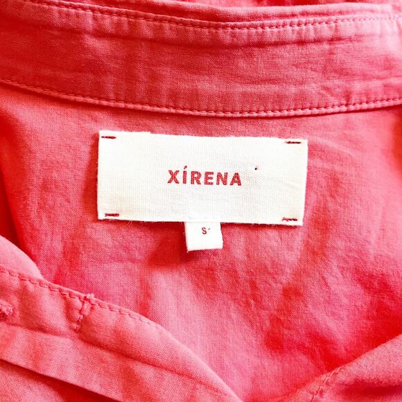 Xirena Channing Rolled Short Sleeve Collar Button Front Cotton Shirt Red Orange - Picture 3 of 3